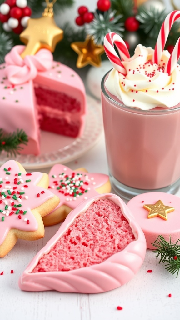 A collection of pink Christmas treats including cookies, cake, and hot chocolate, set against a festive backdrop.